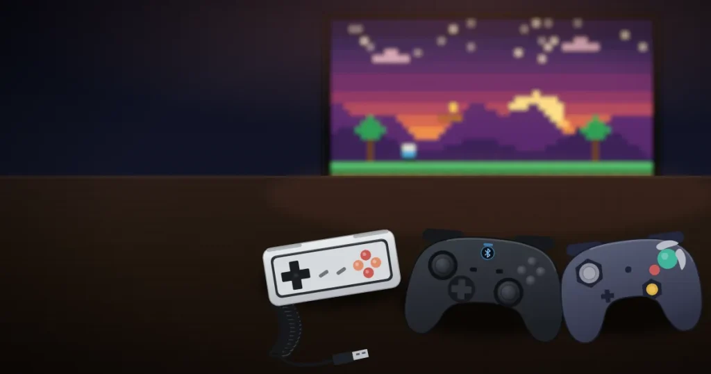 Retro-style gamepad, modern dual-analog controller and GameCube-style controller on a desk beside a USB cable
