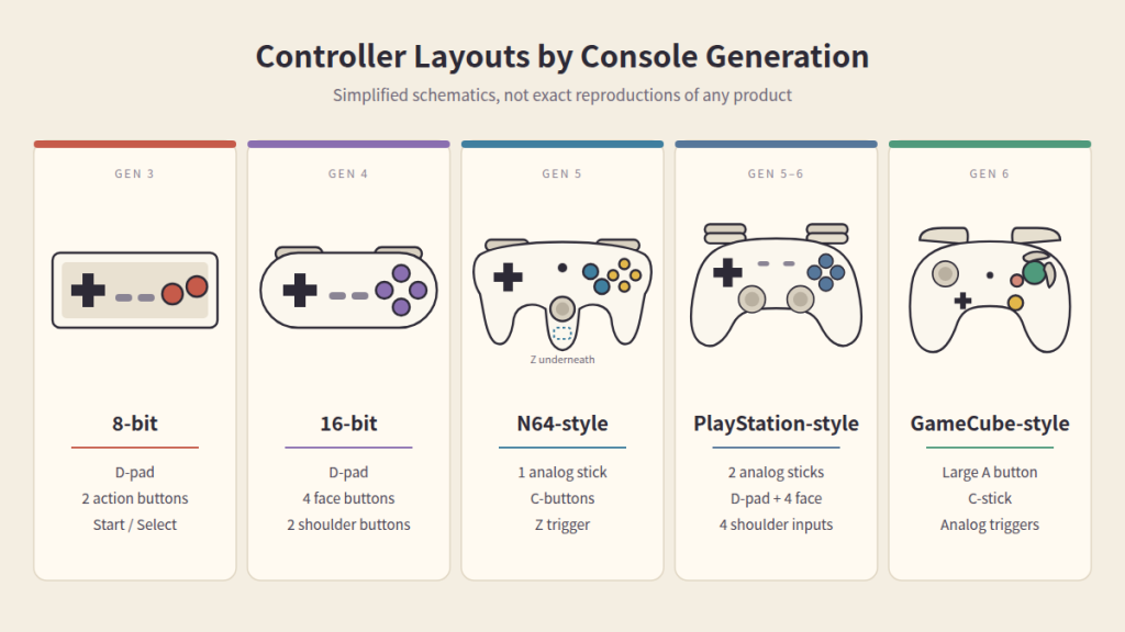 Five simplified controller outlines comparing 8-bit, 16-bit, N64-style, PlayStation-style and GameCube-style button layouts
