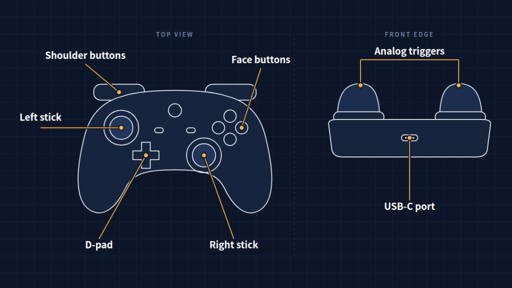 Labeled diagram of a gamepad showing the D-pad, two analog sticks, face buttons, shoulder buttons, analog triggers and USB-C port