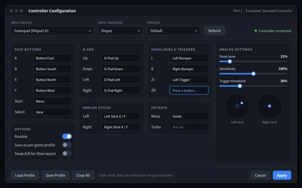 Emulator controller settings window with buttons, analog sticks and triggers mapped to a connected gamepad