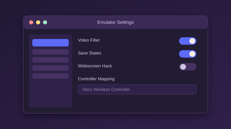 Generic emulator settings interface showing video, save state, and controller options