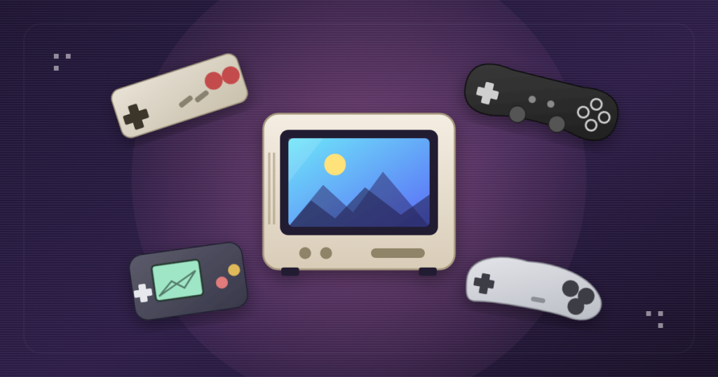 Illustration of classic retro game controllers representing NES, SNES, Genesis, and PlayStation for a retro gaming and emulation guide.