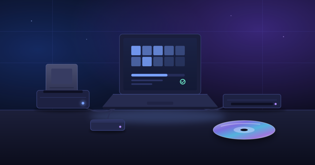Retro game preservation desk with a cartridge reader, game disc, optical drive, laptop, and external backup drive