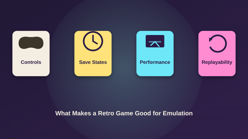 Illustration of classic retro game controllers representing NES, SNES, Genesis, and PlayStation for a retro gaming and emulation guide.