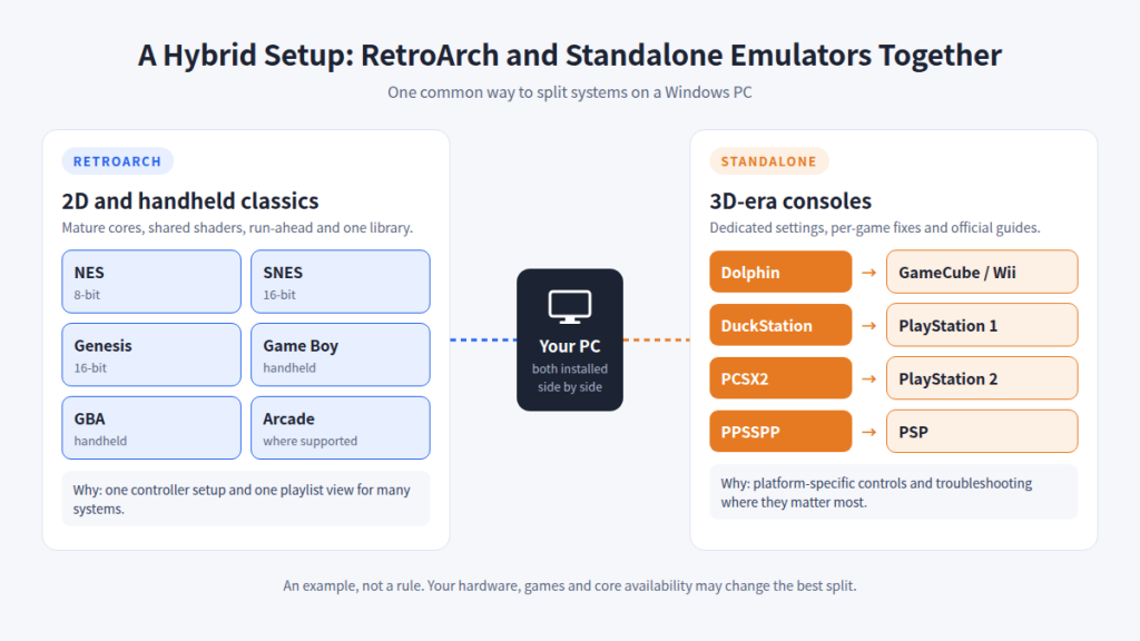 Example hybrid emulation setup with RetroArch for NES, SNES, Genesis, Game Boy, GBA and arcade, and Dolphin, DuckStation, PCSX2 and PPSSPP for 3D-era consoles