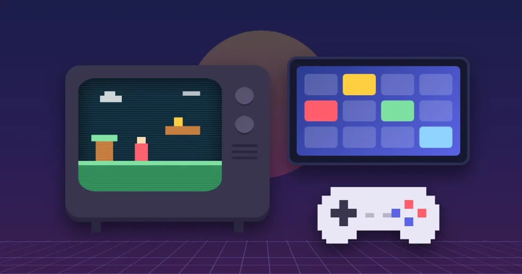 Retro CRT television and modern tablet with a pixel-style controller, representing classic games played on modern platforms