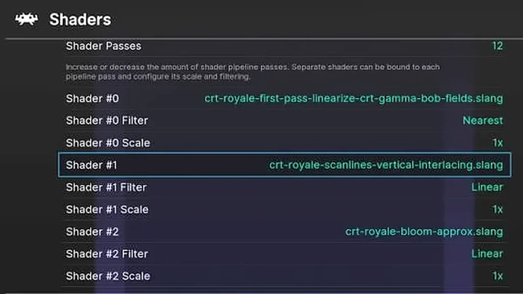 RetroArch Shaders menu showing a 12-pass CRT-Royale shader preset with scanline and bloom passes