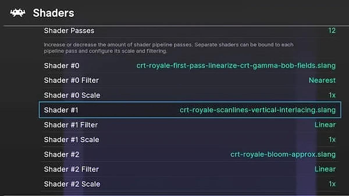 RetroArch Shaders menu showing a 12-pass CRT-Royale shader preset with scanline and bloom passes