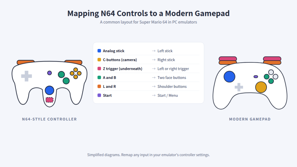 Diagram showing how N64 controls map to a modern gamepad: analog stick to left stick, C-buttons to right stick, Z trigger to a trigger, A and B to face buttons