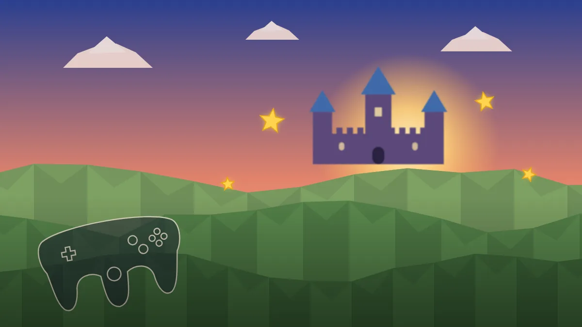 Low-poly 3D landscape with a distant castle and floating stars, illustrating the Nintendo 64 platformer Super Mario 64