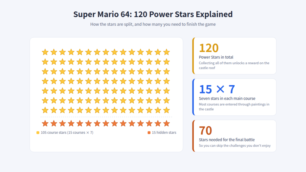 Infographic showing Super Mario 64’s 120 Power Stars: 105 course stars across 15 courses, 15 hidden stars, and 70 needed for the final battle